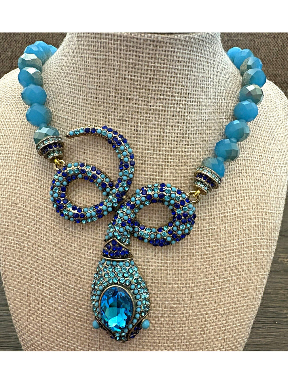 Designer style turquoise & rhinestone snake necklace 16-20”